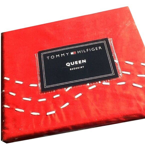 new Tommy Hilfiger MOLLY 100% Cotton QUEEN Bedskirt in Red w/ White Ribbon - Picture 1 of 7